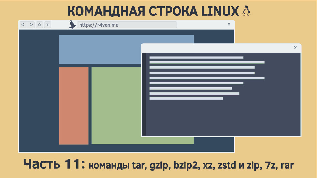 Командная строка Linux, архивирование и сжатие: команды tar, gzip, bzip2, xz, zstd и zip, 7z, rar 